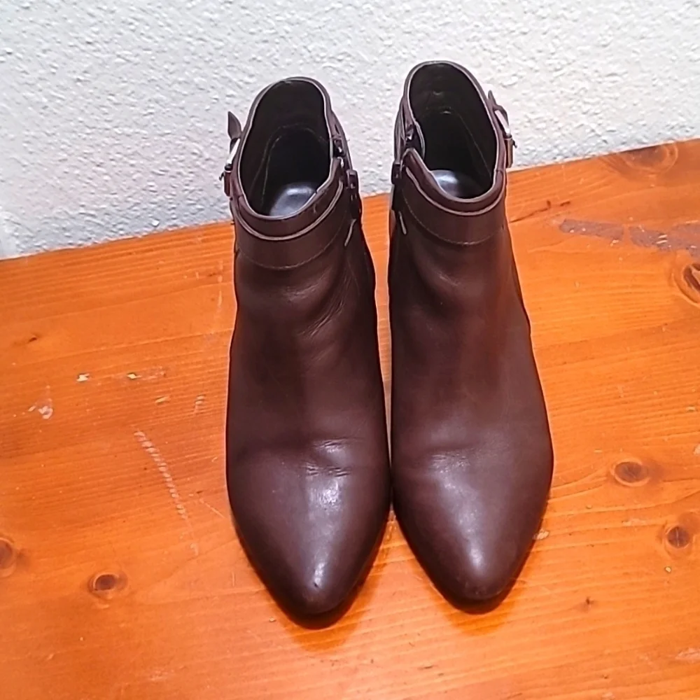 Lauren‎ Ralph Lauren Brown Leather Buckle Ankle Boots Womens Pointed Toe Heel